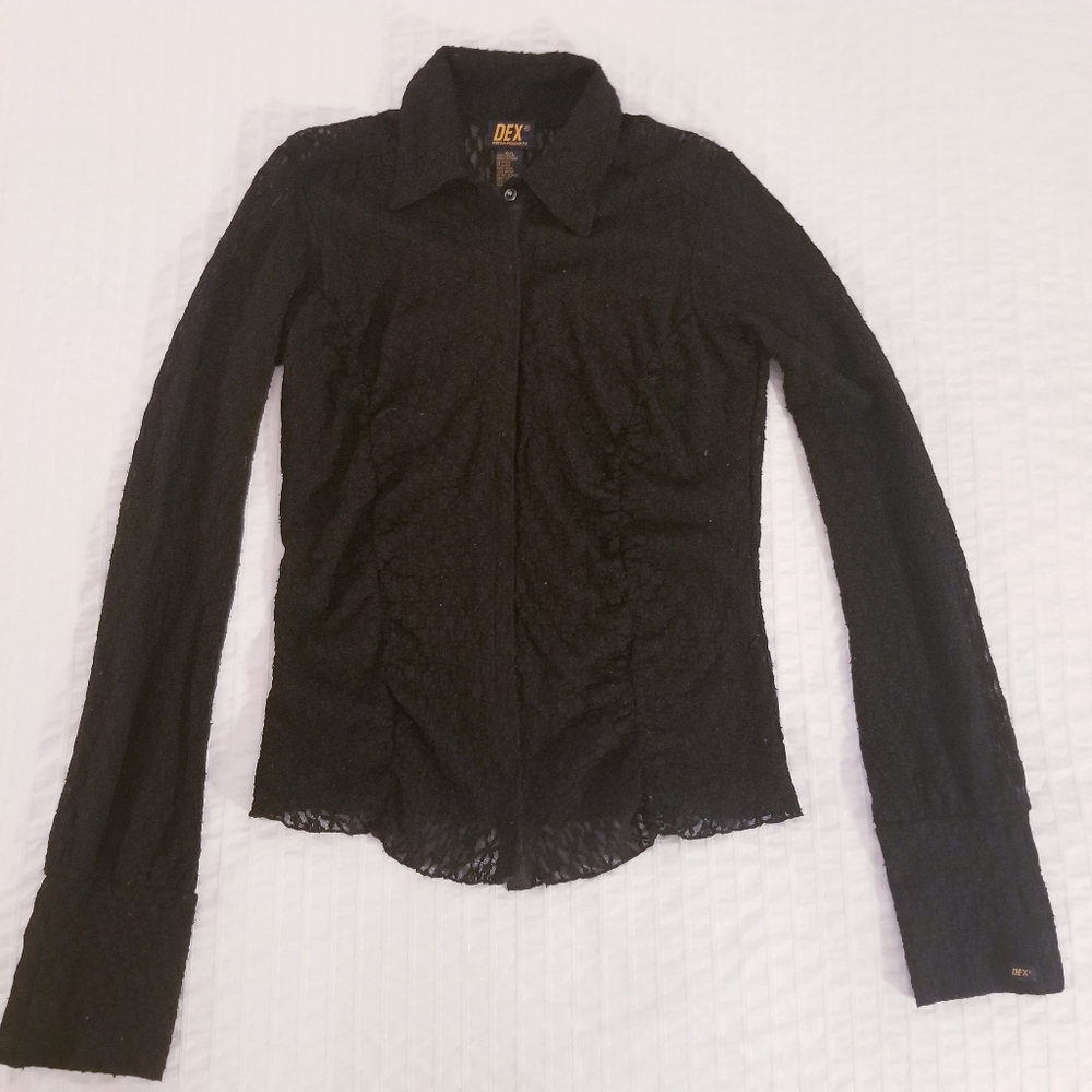 3/$45 DEX | Black Lace Sheer Button Blouse Top